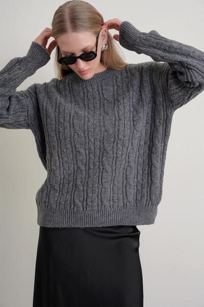 Mixray 6986 Kadın Oversize Saç Örgü Yumuşak Dokulu Triko Kazak Antrasit