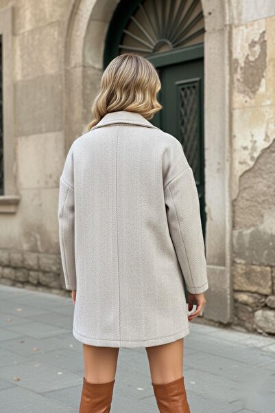 Mossta Double Breasted Collar Herringbone Patterned Pocket Cashmere Coat Gray