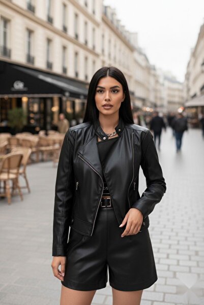 Mossta Double Pocket Side Zipper Leather Jacket Black