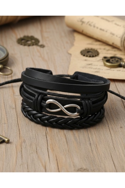 BSN 3 Piece Genuine Leather Bracelet with Infinity Figure