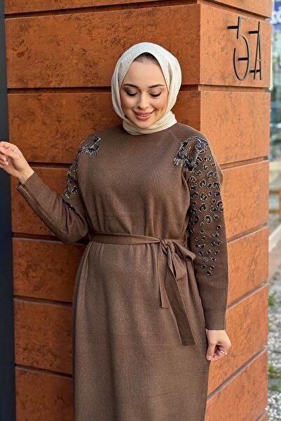 FUAT GÜRSEN Shoulder and Sleeve Embroidered F Corded Fabric Steel Mesh Belt Dress