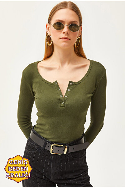 Olalook Γυναικεία Μπλούζα Καμιζόλας Χακί Πλακέτα BLZ-19000588