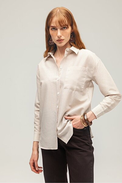 Saade Πουκάμισο σε μπεζ τυλιγμένο λεπτομερές ριγέ