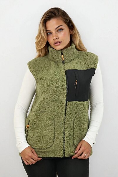 OXVİN Women's Softshell Furry Plush Vest Wool Lamb Welsoft Bone Zipper Pocket Detail (Full Size)