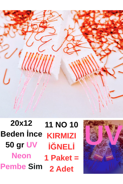 ea genset İstavrit Gece Çaparisi 20x12 Beden İnce 50gr Uv Neon Pembe Sim 11 No 10 Kırmızı İğne 2li Paket
