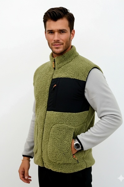 OXVİN Softshell Plush Vest Wool Lamb Welsoft Bone Zippered Pocket Detail (Full Size)