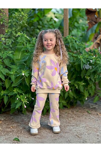 YİGİT BUTİK Yigit Boutique - Floral Patterned Girls' Tights and Top Set