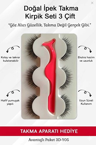 Genel Markalar İpek Takma Kirpik 3 Çift + Kirpik Takma Aparatı 3D-Y05