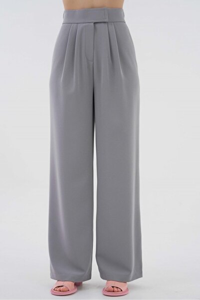 Saade High Waist Velcro Closure Double Pleated Woven Palazzo Pants