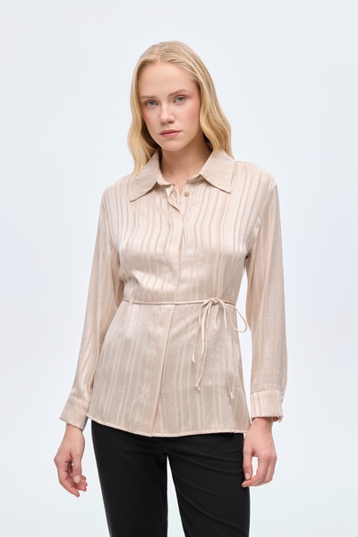 Quzu Shiny Textured Striped Waist-Tied Shirt Beige