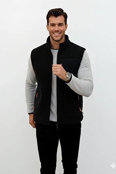 OXVİN Softshell Plush Vest Wool Lamb Welsoft Bone Zippered Pocket Detail (Full Size)
