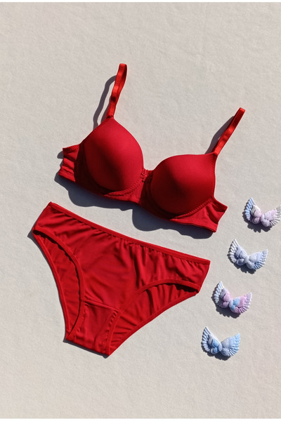 siyalife Hollow Covered Underwire Unpadded Red Micro Bra and Panty Lingerie Set (Hollow)