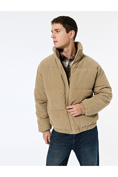 Koton Mock Neck Long Sleeve Pocket Detailed Zippered Corded Fabric Velvet Winter Puffer Coat