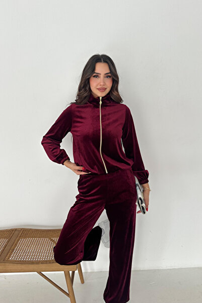 MODAMİNEM Women's Burgundy Zippered Velvet Tracksuit Set