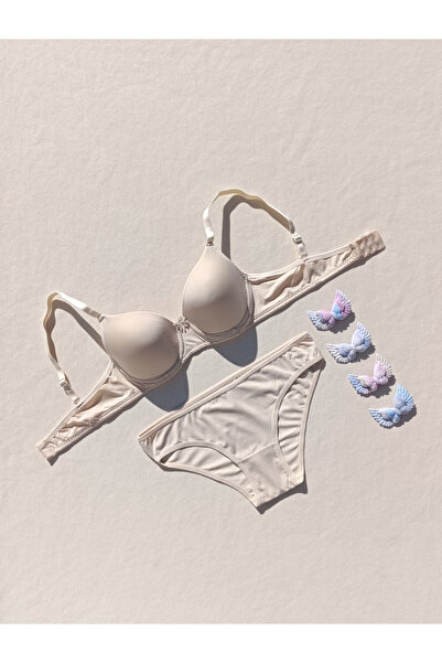 siyalife Hollow Covered Underwire Unpadded Nude Micro Bra and Panty Lingerie Set (Hollow)