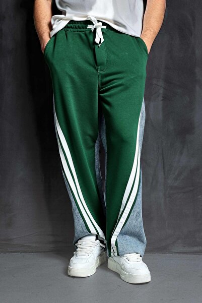 ablukaonline Πράσινο ανδρικό Duo Jean - με φαρδιά εφαρμογή και λεπτομέρεια ρίγες