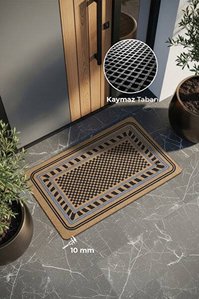 KARMAT Doormat, Black Checkered Pattern, Blue Striped Entrance Mat, Dowry Item, Housewarming Gift, Non-Slip Base