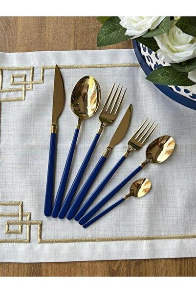 ROSSEV Dali Allegra Gold Blue 42 Parça 6 Kişilik Çatal Bıçak Kaşık Takımı ÇKB
