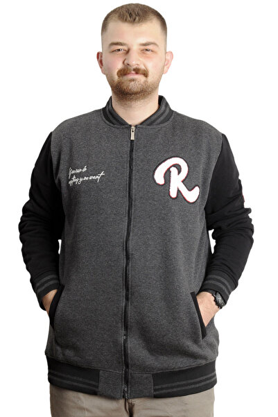 ModeXL Mode XL Large Size Men's College Coat Zippered Embroidered Jacket 23633 Anthracite