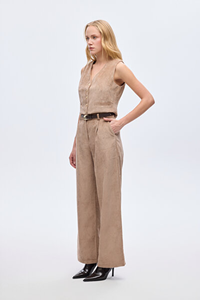 Quzu Belted Corduroy Wide Leg Trousers Camel