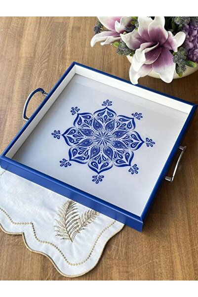 ROSSEV Queen Blue Flor Ahşap Kare Tepsi