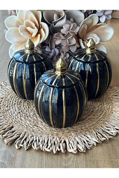 ROSSEV Pumpkin Vakum Kapaklı Kavanoz Set 3‘lü Küçük Siyah Gold