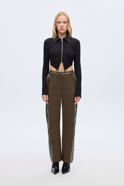 Quzu Seersucker Textured Zippered Crop Blouse Black