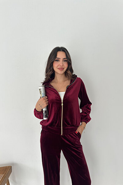 MODAMİNEM Women's Burgundy Zippered Velvet Tracksuit Set