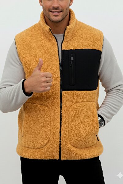 OXVİN Softshell Plush Vest Wool Lamb Welsoft Bone Zippered Pocket Detail (Full Size)