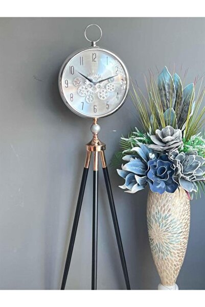 ROSSEV Çarklı Krom Siyah Yuvarlak Tripot Ayaklı Dekoratif Saat