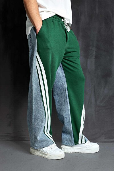 ablukaonline Πράσινο ανδρικό Duo Jean - με φαρδιά εφαρμογή και λεπτομέρεια ρίγες