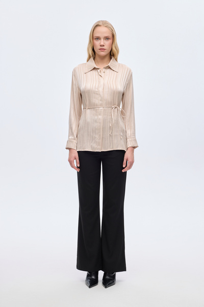 Quzu Shiny Textured Striped Waist-Tied Shirt Beige