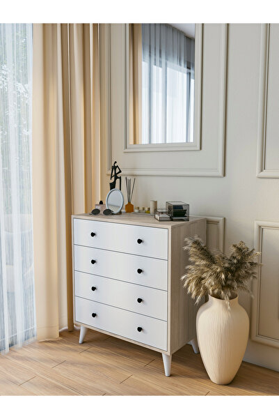 MONTENERO Şifonyer Cordoba Parlak Beyaz-kahverengi 4 Çekmeceli Country Şifony...