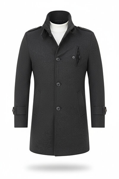 Mero Life Ανδρικό παλτό μακρύ κασετίνι σε χρώμα ανθρακί με λεπτή εφαρμογή
