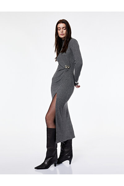 Koton X Şahika Ercümen - Mock Neck Midi Pencil Dress with Long Sleeves and Metal Accessories Slit