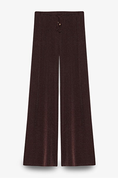 Quzu Glittery Belted Lace-Up Wide Leg Trousers Brown