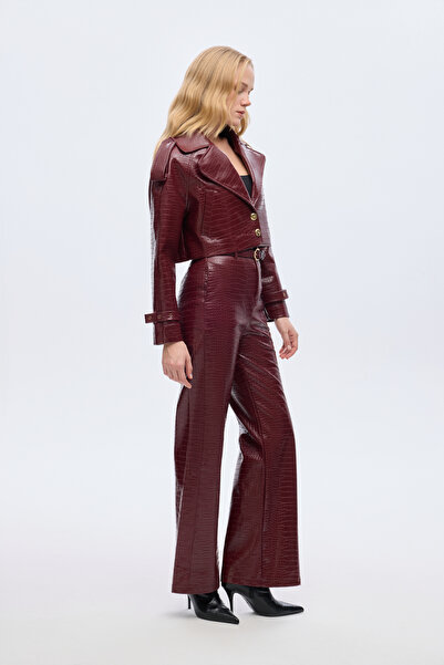 Quzu Crocodile Patterned Wide Leg Leather Trousers Plum