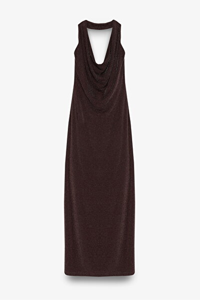 Quzu Glitter Drape Collar Midi Dress Brown