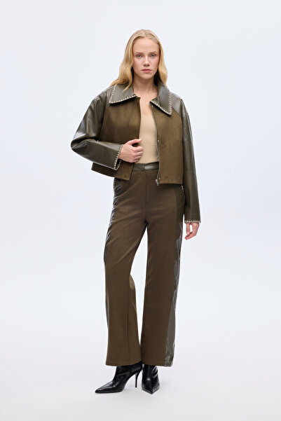 Quzu Leather Paneled Short Suede Jacket Khaki