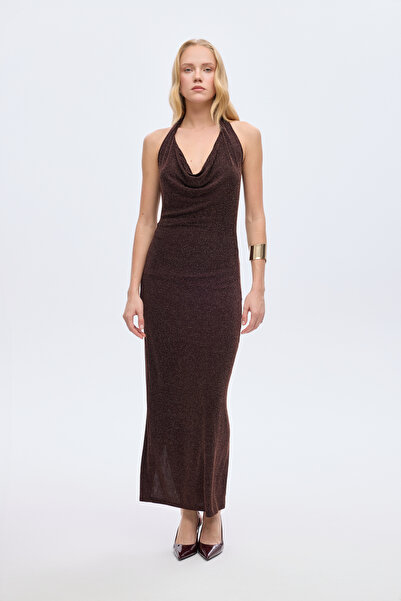 Quzu Glitter Drape Collar Midi Dress Brown