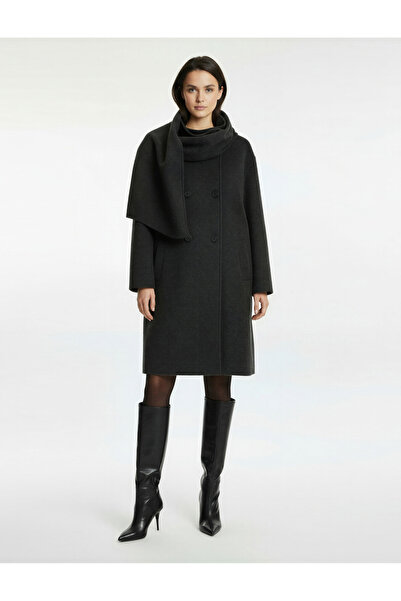 Koton Long Sleeve Pocketed Buttoned Double-Breasted Scarf-Cased Coat