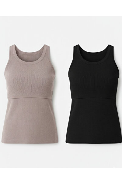 maternel 2'li Kolsuz Triko Emzirme Seti - Pembe & Siyah