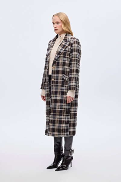 Quzu Plaid Buttoned Oversized Cashmere Coat Brown