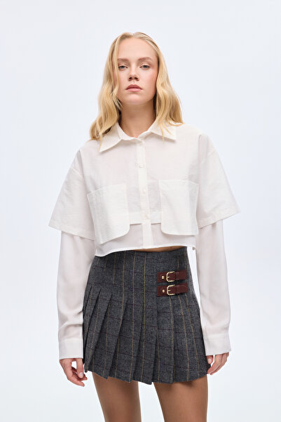 Quzu Double Layer Look Crop Shirt Ecru