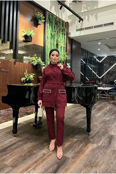 comstar Women's Jacquard Waist Belted Pocket Stone Bottom Top Set