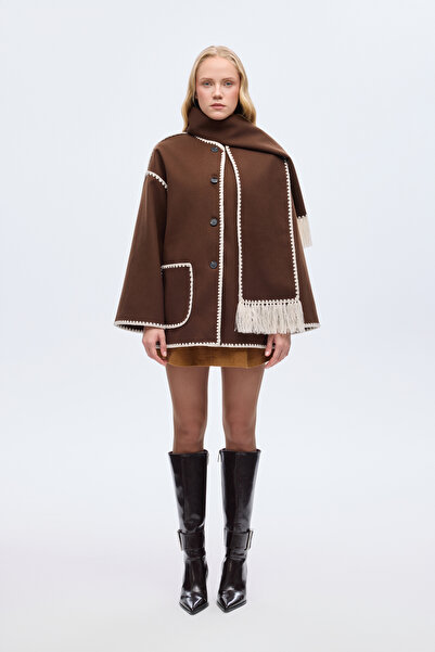 Quzu Κοντό παλτό με κασκόλ oversized καφέ