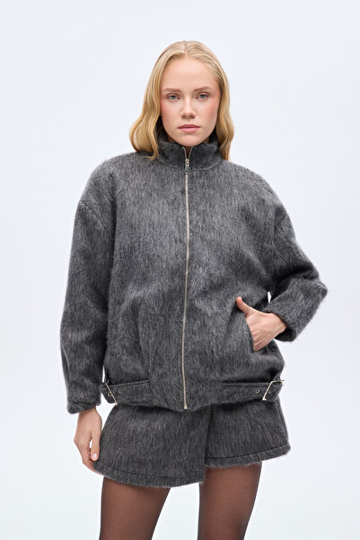 Quzu Oversize Bomber Jacket with Feather Buckle Anthracite