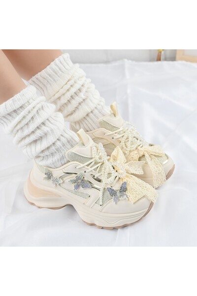 Tmall Pantofi sport pentru femei, cu inserții de plasă, cu fundă cu perle, D1...