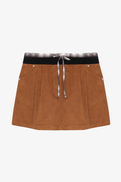 Quzu Plaid Lace-Up Velvet Mini Skirt Brown