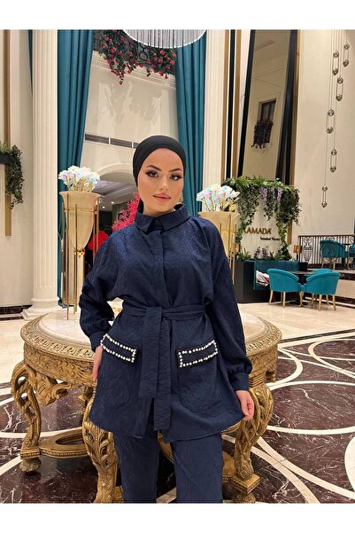 comstar Women's Jacquard Waist Belted Pocket Stone Bottom Top Set